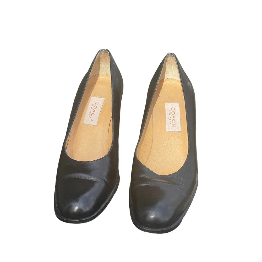 Coach New York Black Leather Round Toe Block Heels  - Size 8
